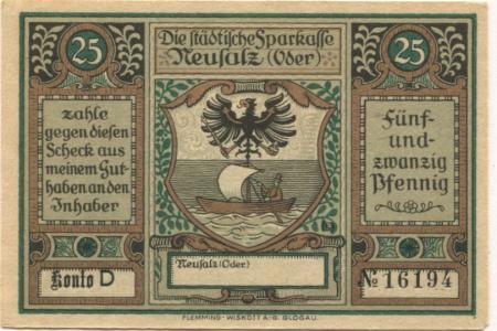 Neusalz (heute: PL-Nowa Sól) - Städtische Sparkasse - -- - 25 Pfennig 