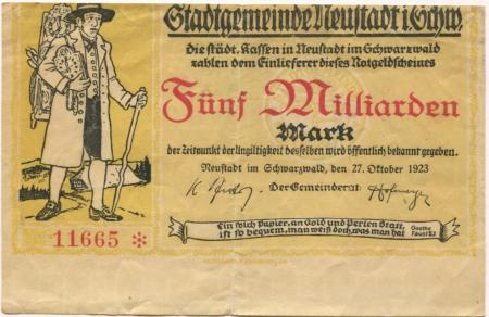 Neustadt (Titisee-Neustadt) - Stadt - 27.10.1923 - 5 Milliarden Mark 