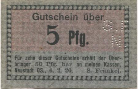 Neustadt (heute: PL-Prudnik) - Fränkel, Samuel, OHG, Leinenfabrik - 6.2.1920 - 5 Pfennig 