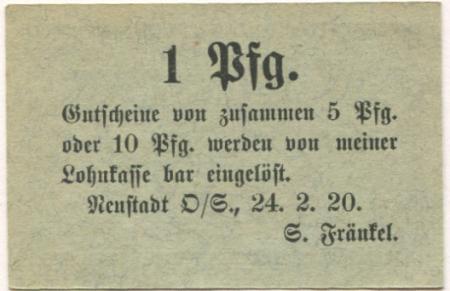 Neustadt (heute: PL-Prudnik) - Fränkel, Samuel, OHG, Leinenfabrik - 24.2.1920 - 1 Pfennig 