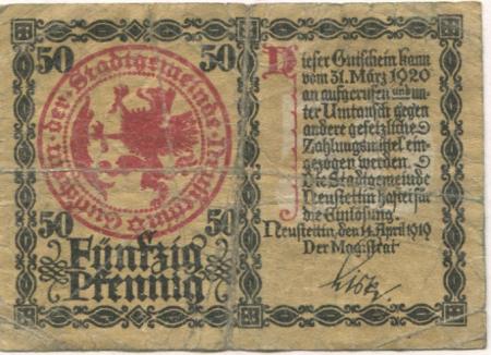 Neustettin (heute: PL-Szczecinek) - Stadt - 14.4.1919 - ab 31.3.1920 - 50 Pfennig 