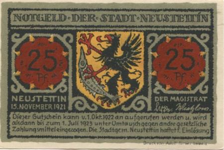 Neustettin (heute: PL-Szczecinek) - Stadt - 15.11.1921 - 1.7.1923 - 25 Pfennig 