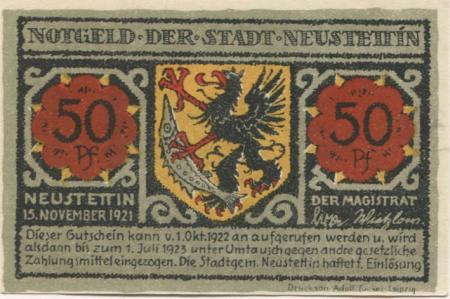 Neustettin (heute: PL-Szczecinek) - Stadt - 15.11.1921 - 1.7.1923 - 50 Pfennig 