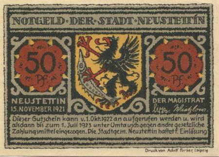 Neustettin (heute: PL-Szczecinek) - Stadt - 15.11.1921 - 1.7.1923 - 50 Pfennig 