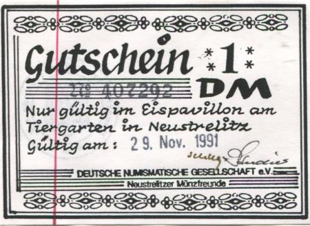 Neustrelitz - Deutsche Numismatische Gesellschaft eV, Neustrelitzer Münzfreunde - 29.11.1991 - 1 DM 