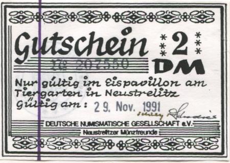 Neustrelitz - Deutsche Numismatische Gesellschaft eV, Neustrelitzer Münzfreunde - 29.11.1991 - 2 DM 
