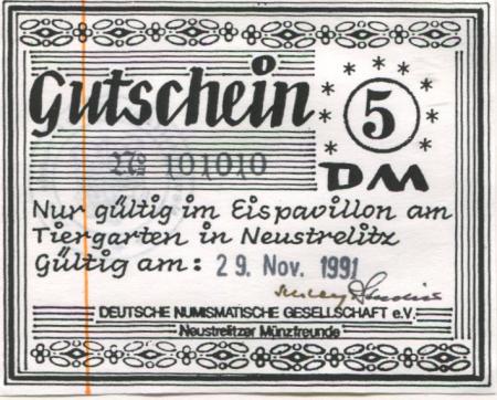 Neustrelitz - Deutsche Numismatische Gesellschaft eV, Neustrelitzer Münzfreunde - 29.11.1991 - 5 DM 