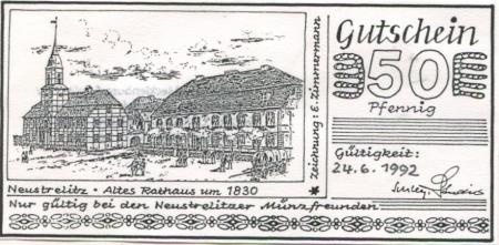 Neustrelitz - Deutsche Numismatische Gesellschaft eV, Interessengemeinschaft Numismatik Georg Christian Friedrich Lisch, Neustrelitzer Münzfreunde - 24.6.1992 - 50 Pfennig 