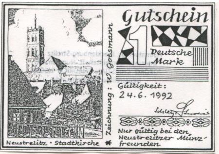Neustrelitz - Deutsche Numismatische Gesellschaft eV, Interessengemeinschaft Numismatik Georg Christian Friedrich Lisch, Neustrelitzer Münzfreunde - 24.6.1992 - 1 DM 