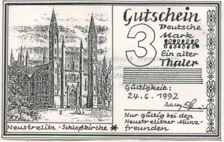 Neustrelitz - Deutsche Numismatische Gesellschaft eV, Interessengemeinschaft Numismatik Georg Christian Friedrich Lisch, Neustrelitzer Münzfreunde - 24.6.1992 - 3 DM 