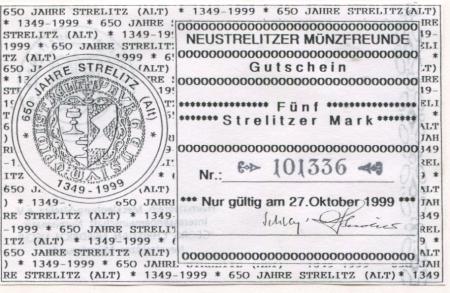 Neustrelitz - Deutsche Numismatische Gesellschaft eV,  Interessengemeinschaft Numismatik Georg Christian Friedrich Lisch, Neustrelitzer Münzfreunde - 27.10.1999 - 5 DM 