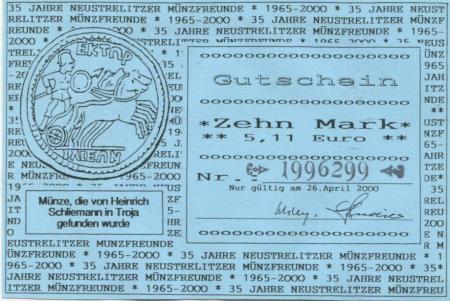 Neustrelitz - Deutsche Numismatische Gesellschaft eV, Neustrelitzer Münzfreunde - 26.4.2000 - 10 DM 