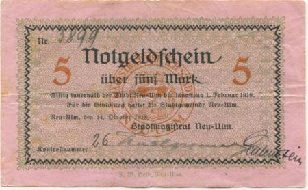 Neu-Ulm - Stadt - 14.10.1918 - 1.2.1919 - 5 Mark 