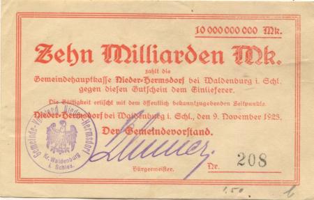 Nieder-Hermsdorf (heute: PL-Walbrzych) - Gemeinde - 9.11.192 - 10 Milliarden Mark 