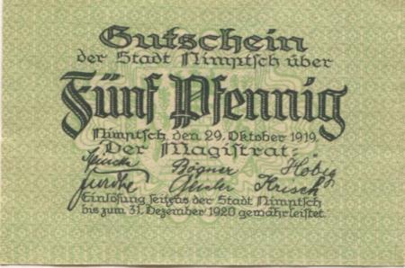 Nimptsch (heute: PL-Niemcza) - Stadt - 29.10.1919 - 31.12.1920 - 5 Pfennig 