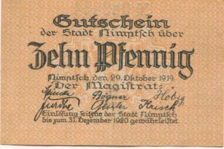 Nimptsch (heute: PL-Niemcza) - Stadt - 29.10.1919 - 31.12.1920 - 10 Pfennig 