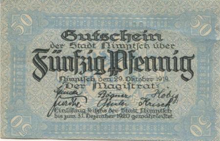 Nimptsch (heute: PL-Niemcza) - Stadt - 29.10.1919 - 31.12.1920 - 50 Pfennig 