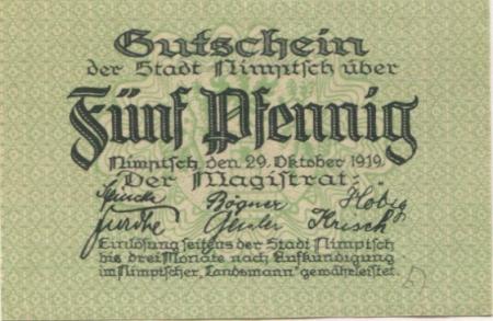 Nimptsch (heute: PL-Niemcza) - Stadt - 29.10.1919 - 5 Pfennig 