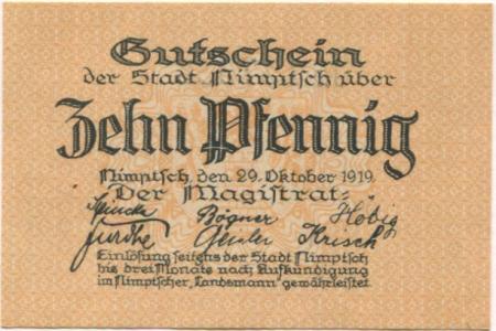 Nimptsch (heute: PL-Niemcza) - Stadt - 29.10.1919 - 10 Pfennig 