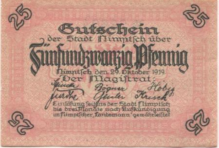 Nimptsch (heute: PL-Niemcza) - Stadt - 29.10.1919 - 25 Pfennig 