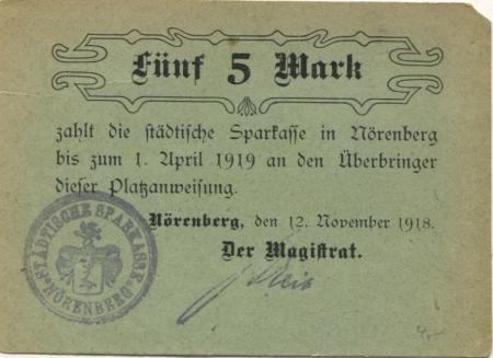 Nörenberg (heute: PL-Insko) - Stadt - 12.11.1918 - 1.4.1919 - 5 Mark 