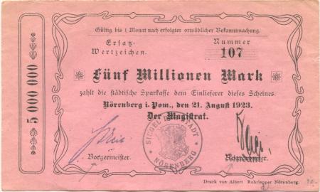 Nörenberg (heute: PL-Insko) - Stadt - 21.8.1923 - 5 Millionen Mark 