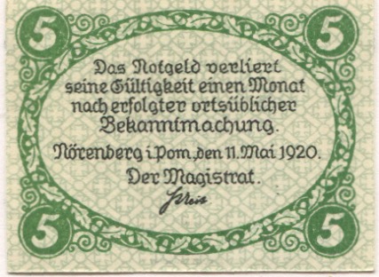 Nörenberg (heute: PL-Insko) - Stadt - 11.5.1920 - 5 Pfennig 