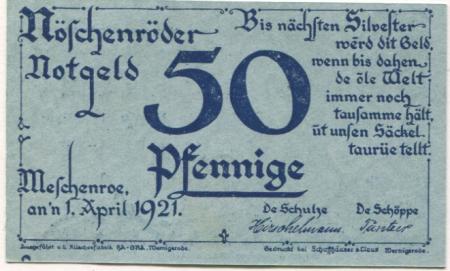 Nöschenrode (heute: Wernigerode) - Gemeinde - 1.4.1921 - 50 Pfennig 