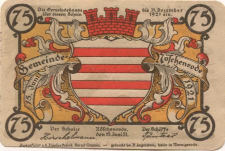 Nöschenrode (heute: Wernigerode) - Gemeinde - 15.6.1921 - 75 Pfennig 