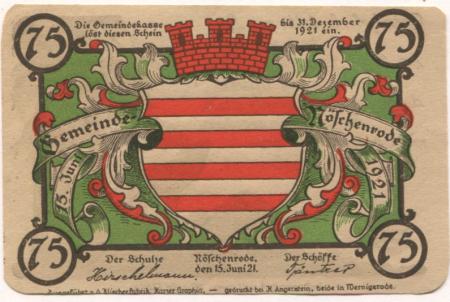 Nöschenrode (heute: Wernigerode) - Gemeinde - 15.6.1921 - 75 Pfennig 
