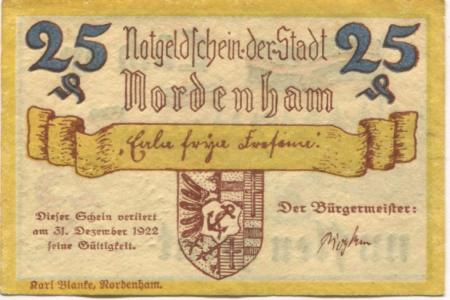 Nordenham - Stadt - - 31.12.1922 - 25 Pfennig 
