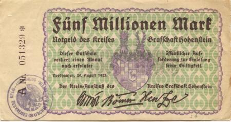 Nordhausen - Kreis Grafschaft Hohenstein - 20.8.1923 - 5 Millionen Mark 