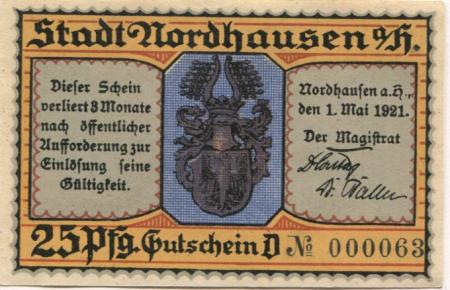 Nordhausen - Stadt - 1.5.1921 - 25 Pfennig 