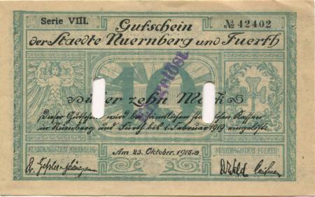 Nürnberg und Fürth - Städte - 23.10.1918 - 1.2.1919 - 10 Mark 