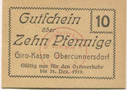 Obercunnersdorf (heute: Kottmar) - Girokasse - -- - 10 Pfennig 