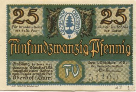 Oberhof - Gemeinde - 1.10.1921 - 25 Pfennig 