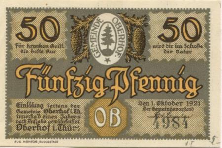 Oberhof - Gemeinde - 1.10.1921 - 50 Pfennig 