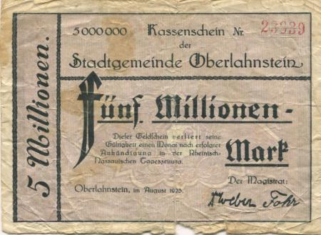 (Ober)Lahnstein - Stadt - August 1923 - 5 Millionen Mark 