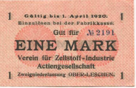 Ober-Leschen (heute: PL-Leszno Górne) - Verein für Zellstoff-Industrie AG, Zweigniederlassung Ober-Leschen - - 1.4.1920 - 1 Mark 