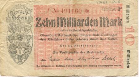 Oberndorf, Rottweil, Spaichingen, Sulz, Tuttlingen - Amtskörperschaften - 25.10.1923 - 10 Milliarden Mark 