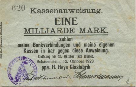 Obernkirchen-Schauenstein - Heye, H., Glasfabrik - 12.10.1923 - 1 Milliarde Mark 