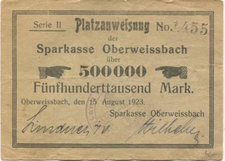Oberweißbach (heute: Schwarzatal) - Sparkasse - 15.8.1923 - 500000 Mark 