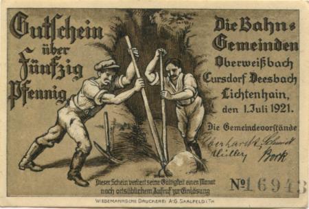 Oberweißbach, Cursdorf, Deesbach und Lichtenhain (heute: Schwarzatal) - Gemeinden - 1.7.1921 - 50 Pfennig 