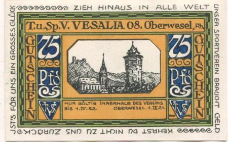 Oberwesel - Turn- und Sport-Verein Vesalia 08 - 1.9.1921 - 75 Pfennig 