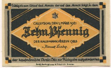 Oels (heute: PL-Olesnica) - Kaufmännischer Verein - 1.3.1921 - 10 Pfennig 
