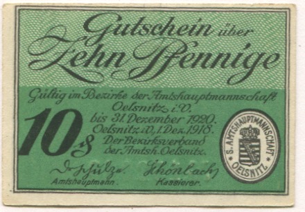 Oelsnitz - Amtshauptmannschaft - 1.12.1918 - 31.12.1920 - 10 Pfennig 
