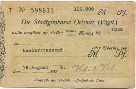 Oelsnitz - Koch & te Kock, Teppichfabrik, Filiale Oelsnitz - 15.8.1923 - 100000 Mark 