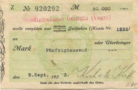Oelsnitz - Koch & te Kock, Teppichfabrik, Filiale Oelsnitz - 5.9.1923 - 100000 Mark 