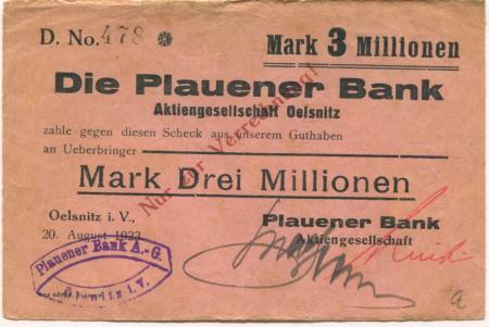 Oelsnitz - Plauener Bank AG - 20.8.1923 - 3 Millionen Mark 