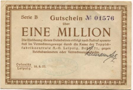 Oelsnitz und Leipzig - Patz, Hermann, Teppichfabrik - 18.8.1923 - 1 Million Mark 
